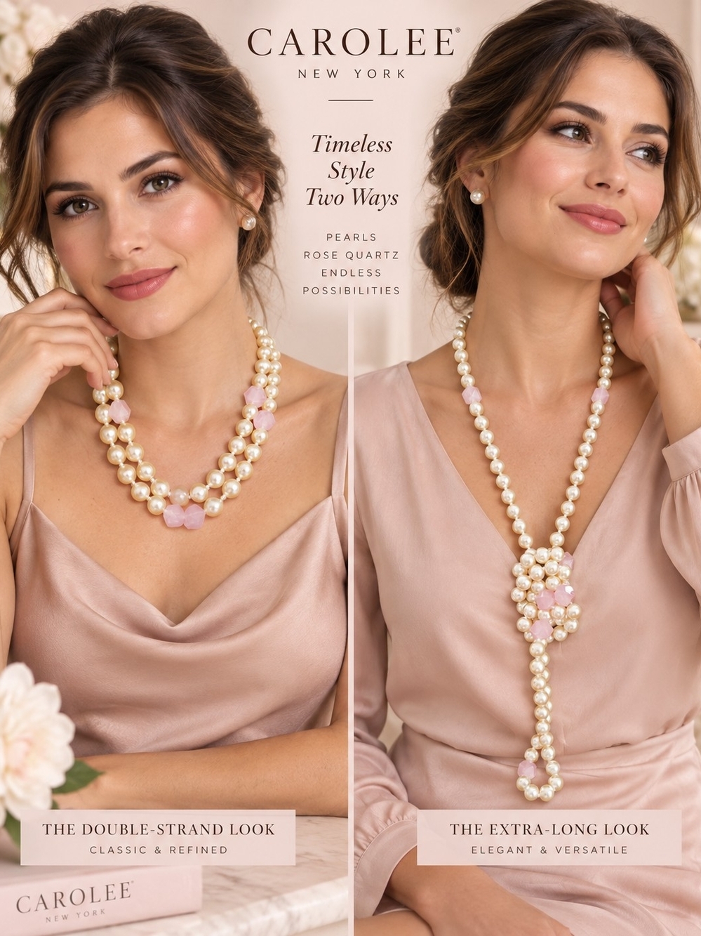 Carolee Pearl Necklace with Pink Rose Quartz Accents